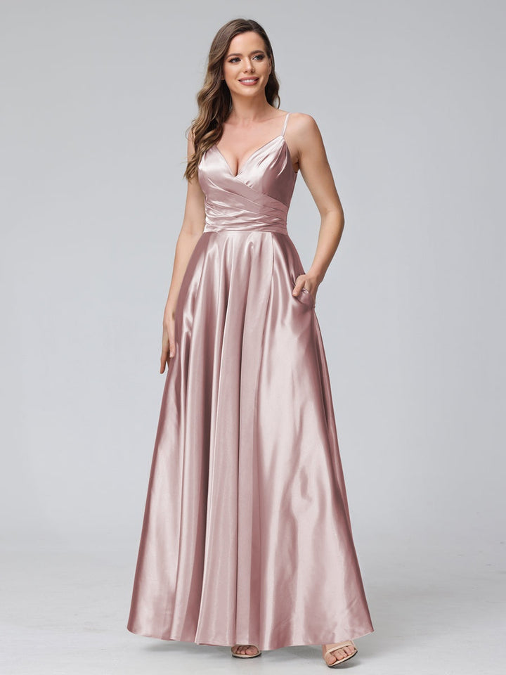 Ligne A/Princesse Col en V Sans Manches Longueur de La Cheville Satin de Soie Bridemaid Robes avec Poches & Côté Divisé