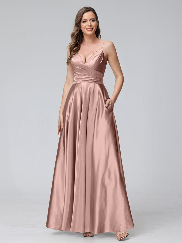 Ligne A/Princesse Col en V Sans Manches Longueur de La Cheville Satin de Soie Bridemaid Robes avec Poches & Côté Divisé