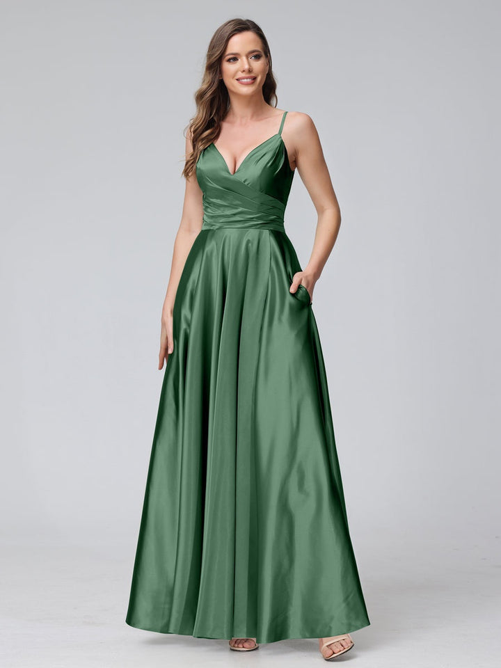 Ligne A/Princesse Col en V Sans Manches Longueur de La Cheville Satin de Soie Bridemaid Robes avec Poches & Côté Divisé