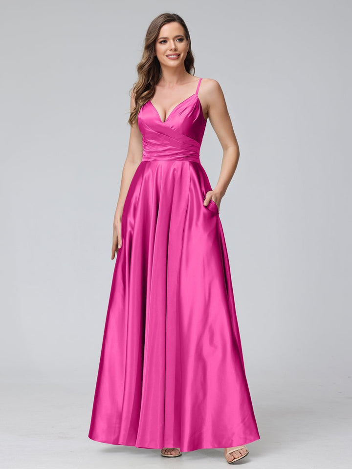 Ligne A/Princesse Col en V Sans Manches Longueur de La Cheville Satin de Soie Bridemaid Robes avec Poches & Côté Divisé