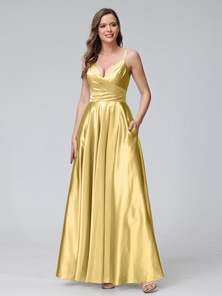 Ligne A/Princesse Col en V Sans Manches Longueur de La Cheville Satin de Soie Bridemaid Robes avec Poches & Côté Divisé