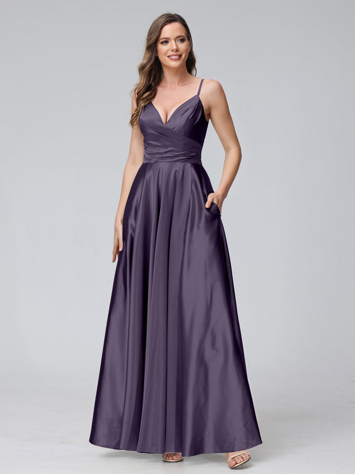 Ligne A/Princesse Col en V Sans Manches Longueur de La Cheville Satin de Soie Bridemaid Robes avec Poches & Côté Divisé