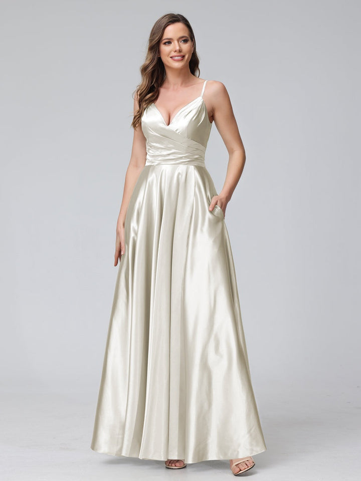 Ligne A/Princesse Col en V Sans Manches Longueur de La Cheville Satin de Soie Bridemaid Robes avec Poches & Côté Divisé