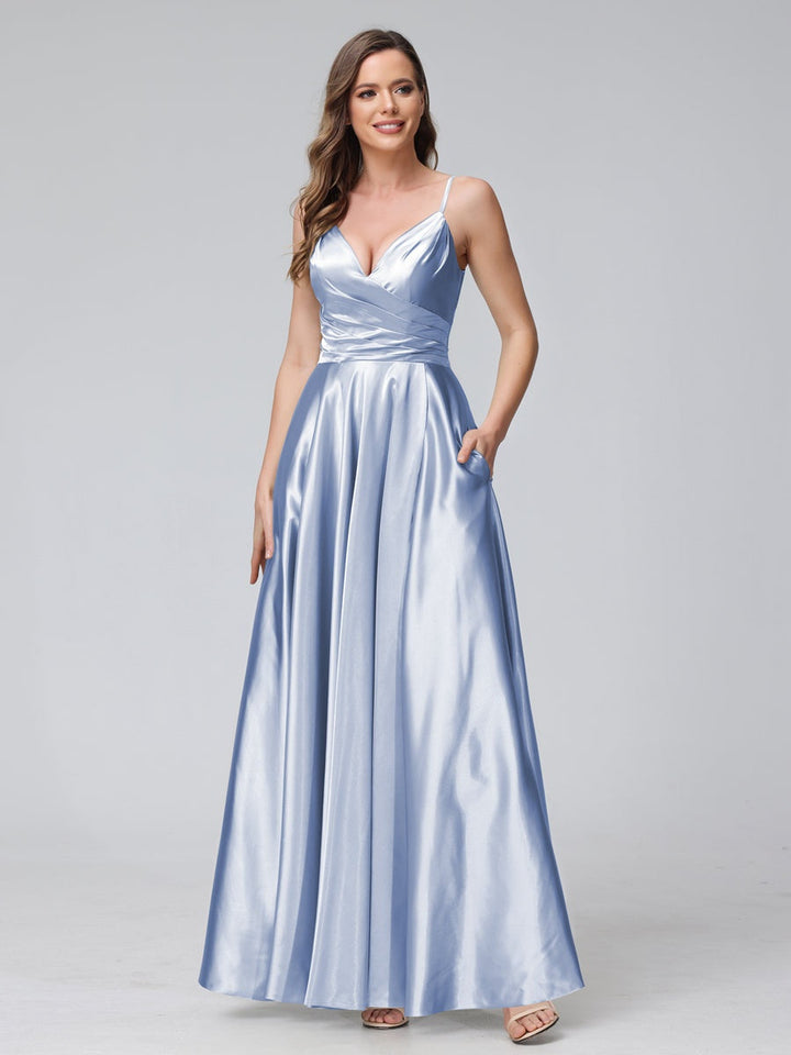 Ligne A/Princesse Col en V Sans Manches Longueur de La Cheville Satin de Soie Bridemaid Robes avec Poches & Côté Divisé
