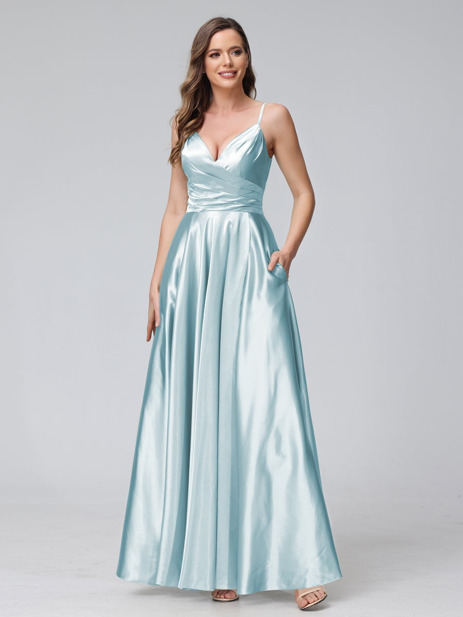 Ligne A/Princesse Col en V Sans Manches Longueur de La Cheville Satin de Soie Bridemaid Robes avec Poches & Côté Divisé