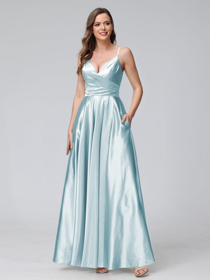 Ligne A/Princesse Col en V Sans Manches Longueur de La Cheville Satin de Soie Bridemaid Robes avec Poches & Côté Divisé