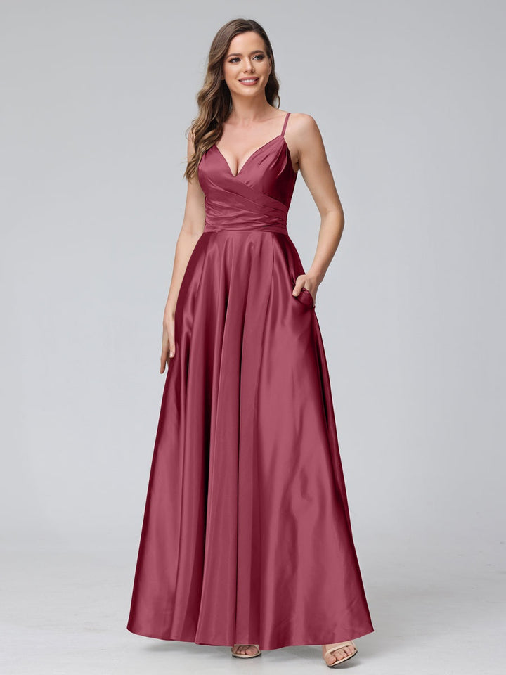 Ligne A/Princesse Col en V Sans Manches Longueur de La Cheville Satin de Soie Bridemaid Robes avec Poches & Côté Divisé