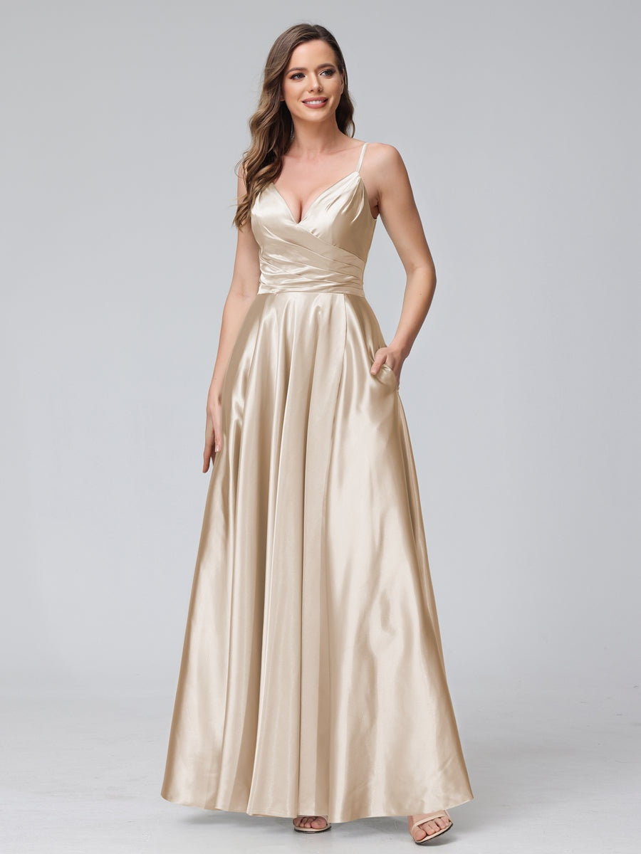 Ligne A/Princesse Col en V Sans Manches Longueur de La Cheville Satin de Soie Bridemaid Robes avec Poches & Côté Divisé