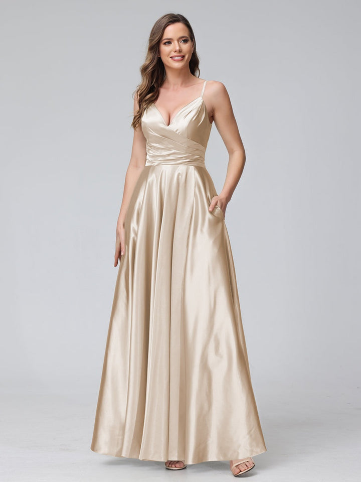 Ligne A/Princesse Col en V Sans Manches Longueur de La Cheville Satin de Soie Bridemaid Robes avec Poches & Côté Divisé