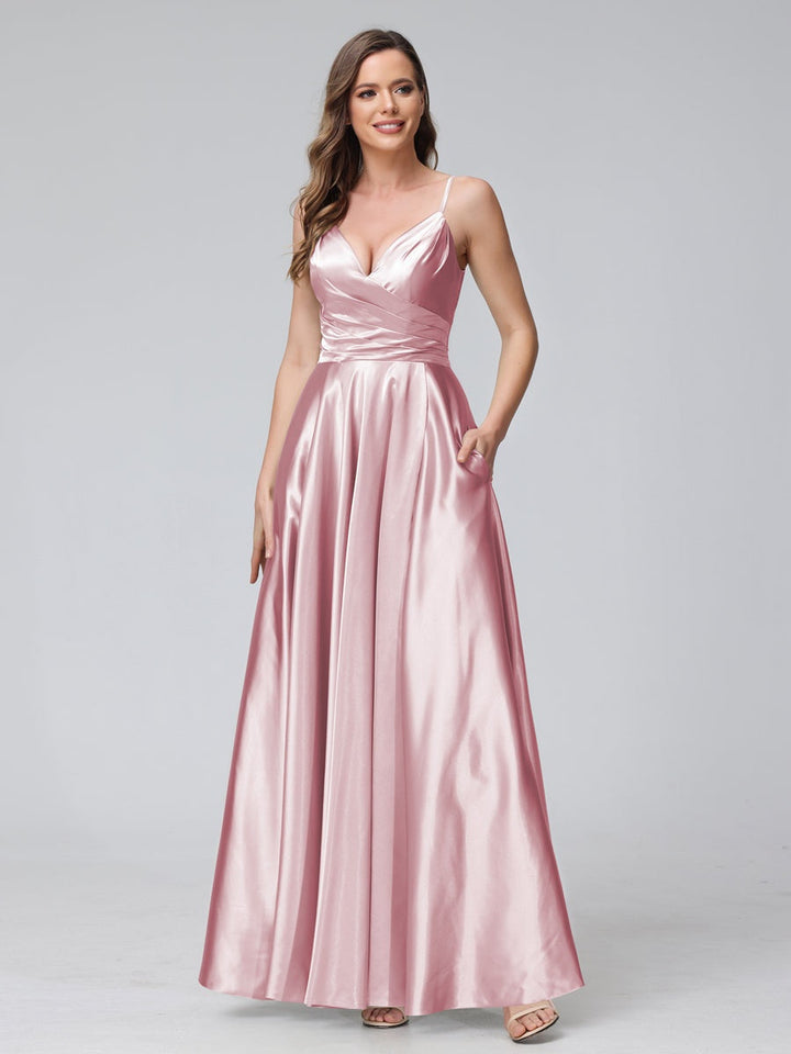 Ligne A/Princesse Col en V Sans Manches Longueur de La Cheville Satin de Soie Bridemaid Robes avec Poches & Côté Divisé