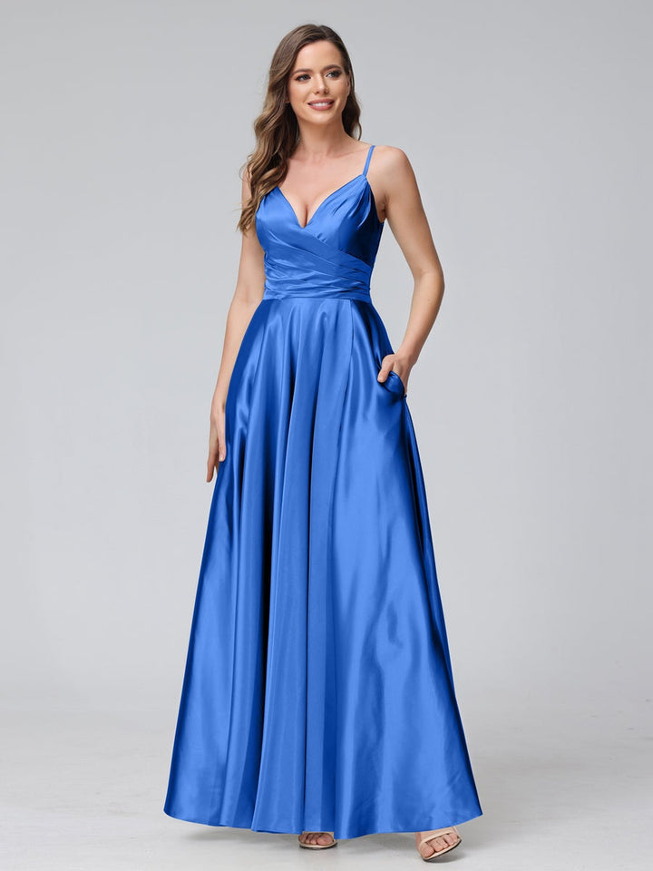 Ligne A/Princesse Col en V Sans Manches Longueur de La Cheville Satin de Soie Bridemaid Robes avec Poches & Côté Divisé