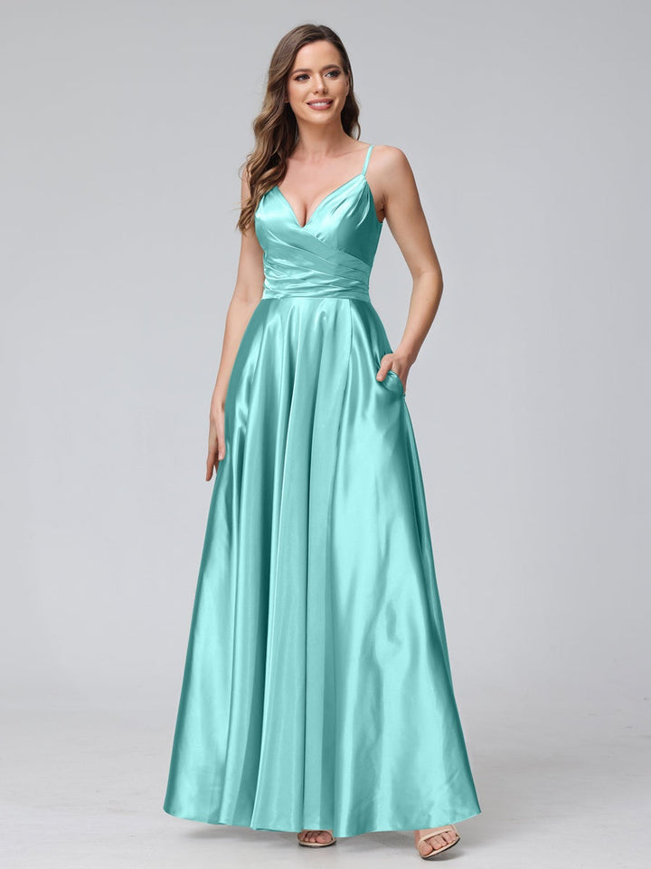 Ligne A/Princesse Col en V Sans Manches Longueur de La Cheville Satin de Soie Bridemaid Robes avec Poches & Côté Divisé