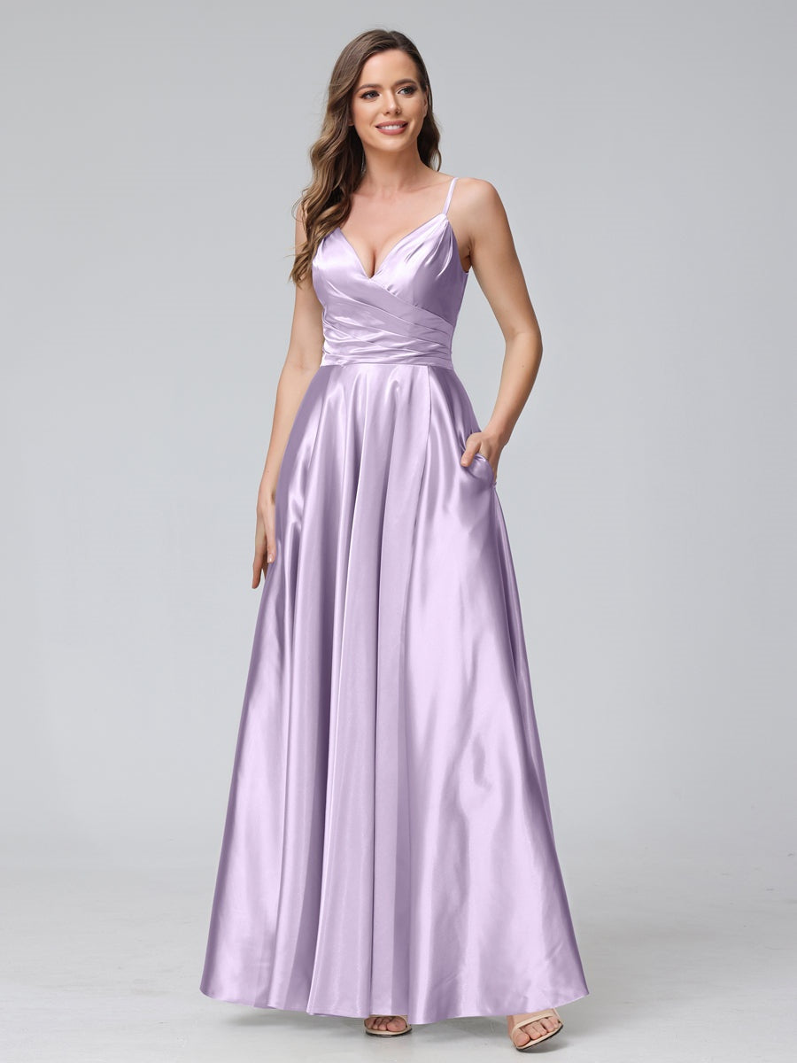 Ligne A/Princesse Col en V Sans Manches Longueur de La Cheville Satin de Soie Bridemaid Robes avec Poches & Côté Divisé