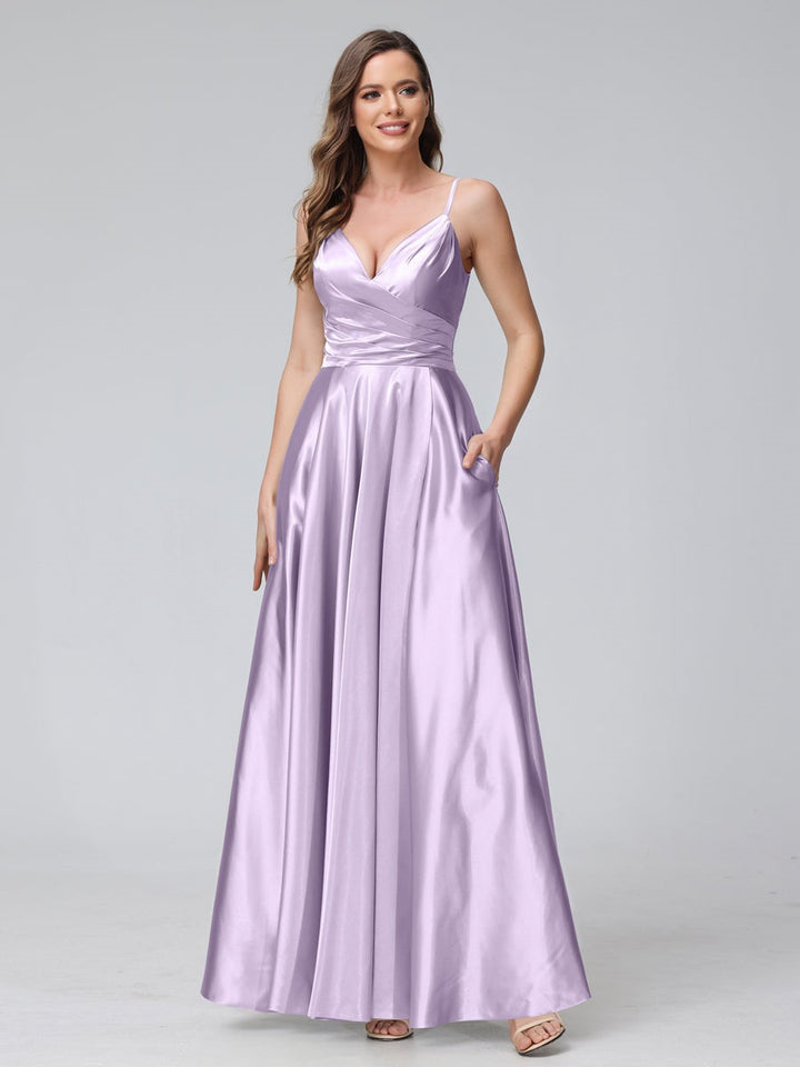 Ligne A/Princesse Col en V Sans Manches Longueur de La Cheville Satin de Soie Bridemaid Robes avec Poches & Côté Divisé