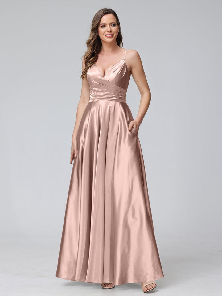Ligne A/Princesse Col en V Sans Manches Longueur de La Cheville Satin de Soie Bridemaid Robes avec Poches & Côté Divisé