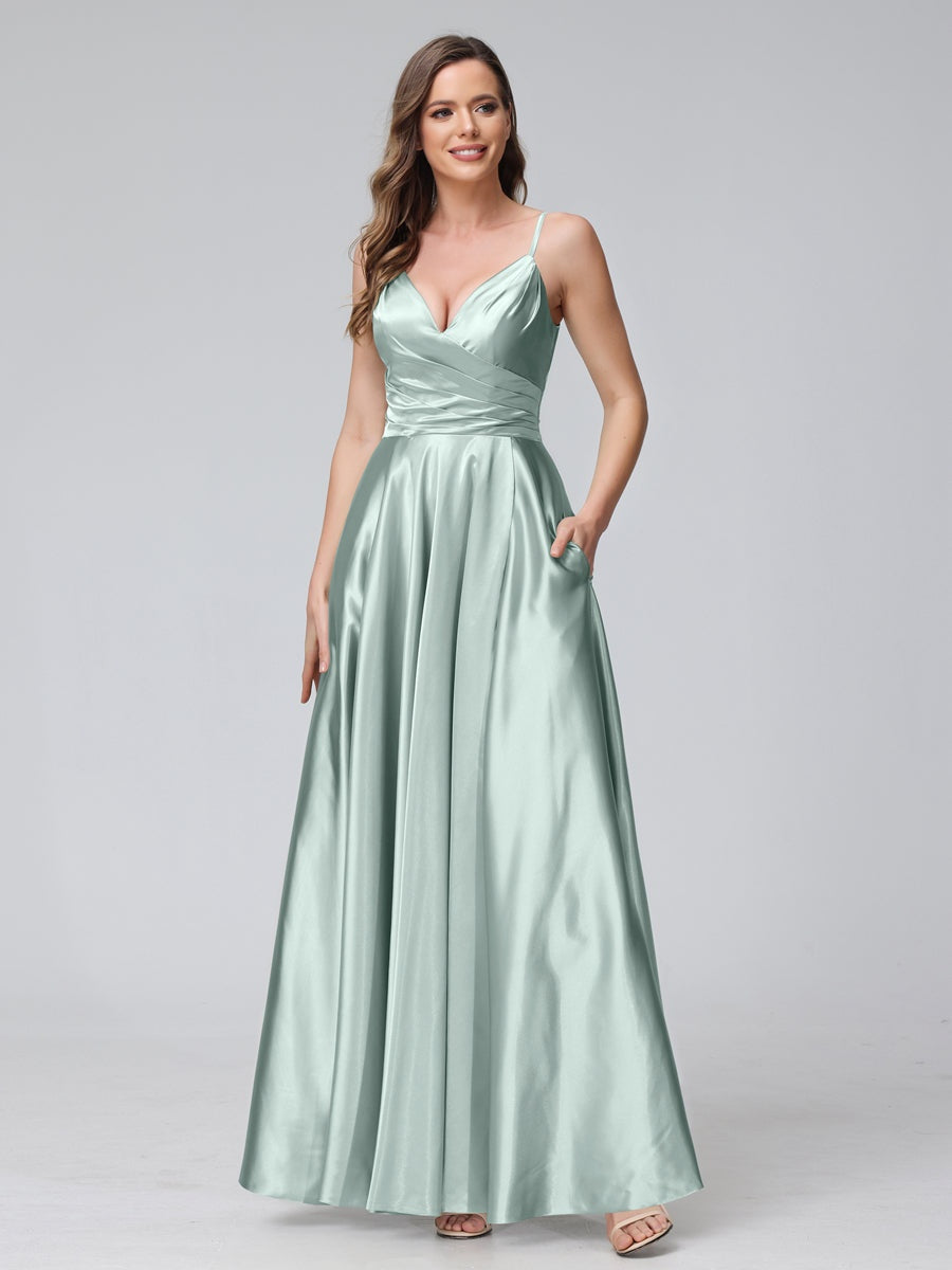 Ligne A/Princesse Col en V Sans Manches Longueur de La Cheville Satin de Soie Bridemaid Robes avec Poches & Côté Divisé