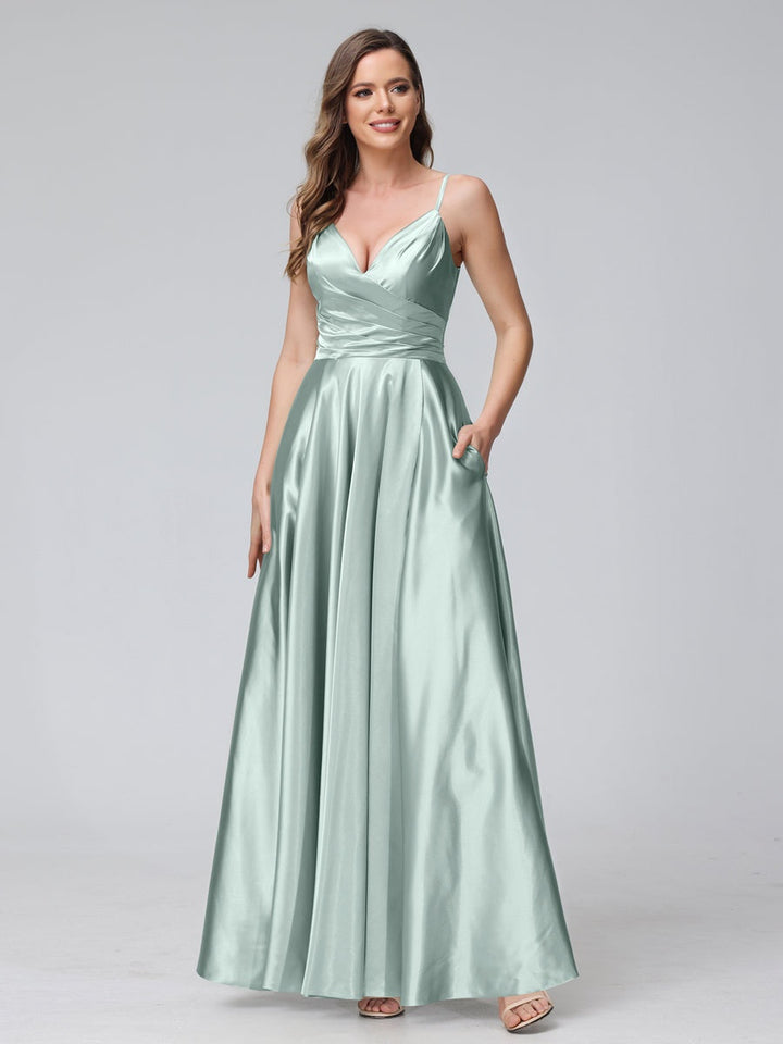 Ligne A/Princesse Col en V Sans Manches Longueur de La Cheville Satin de Soie Bridemaid Robes avec Poches & Côté Divisé