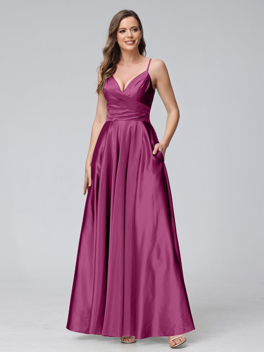 Ligne A/Princesse Col en V Sans Manches Longueur de La Cheville Satin de Soie Bridemaid Robes avec Poches & Côté Divisé