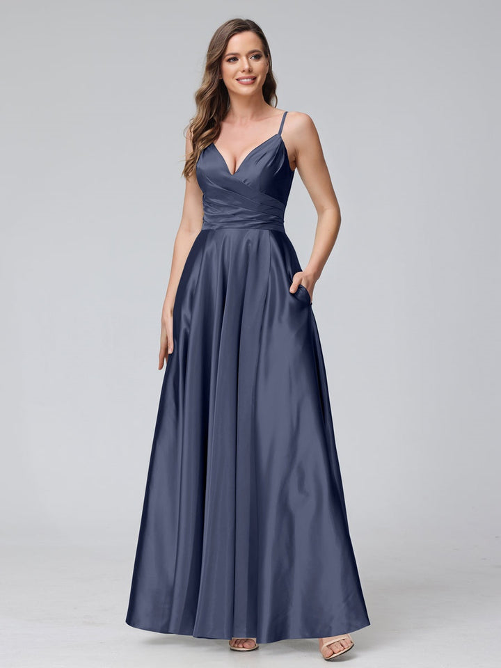 Ligne A/Princesse Col en V Sans Manches Longueur de La Cheville Satin de Soie Bridemaid Robes avec Poches & Côté Divisé