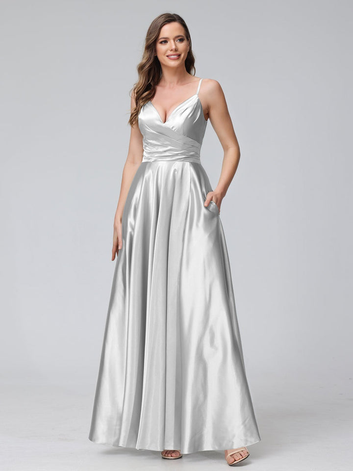 Ligne A/Princesse Col en V Sans Manches Longueur de La Cheville Satin de Soie Bridemaid Robes avec Poches & Côté Divisé