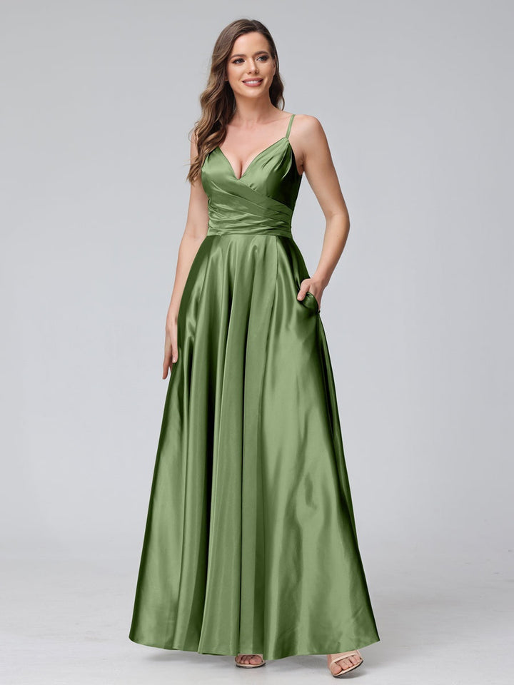 Ligne A/Princesse Col en V Sans Manches Longueur de La Cheville Satin de Soie Bridemaid Robes avec Poches & Côté Divisé