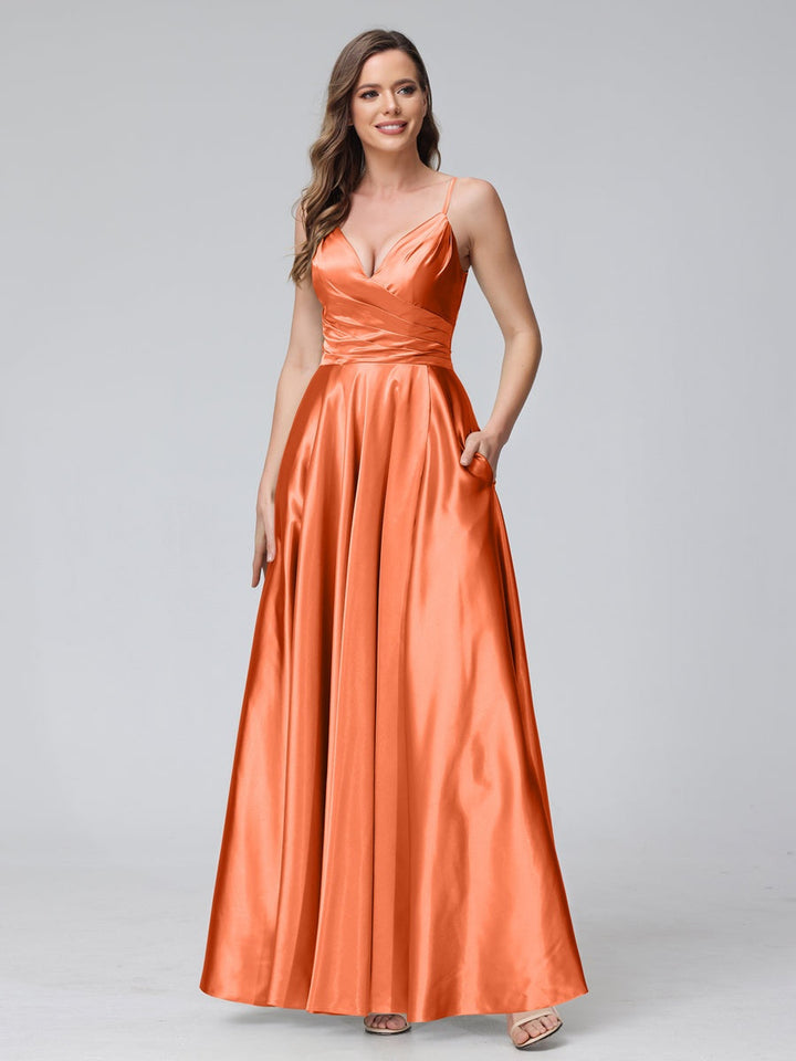 Ligne A/Princesse Col en V Sans Manches Longueur de La Cheville Satin de Soie Bridemaid Robes avec Poches & Côté Divisé