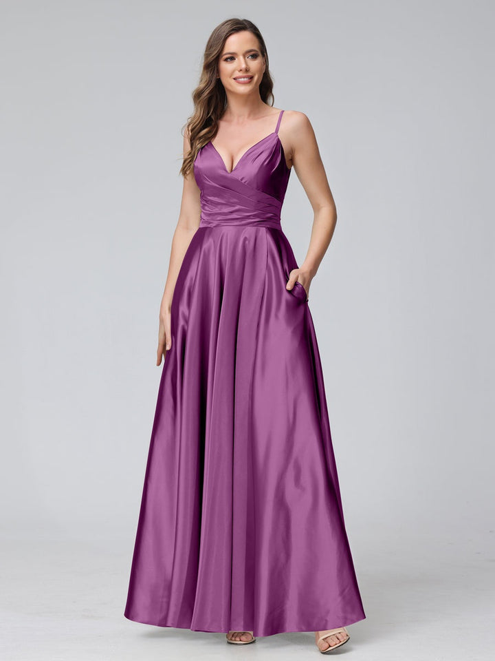 Ligne A/Princesse Col en V Sans Manches Longueur de La Cheville Satin de Soie Bridemaid Robes avec Poches & Côté Divisé