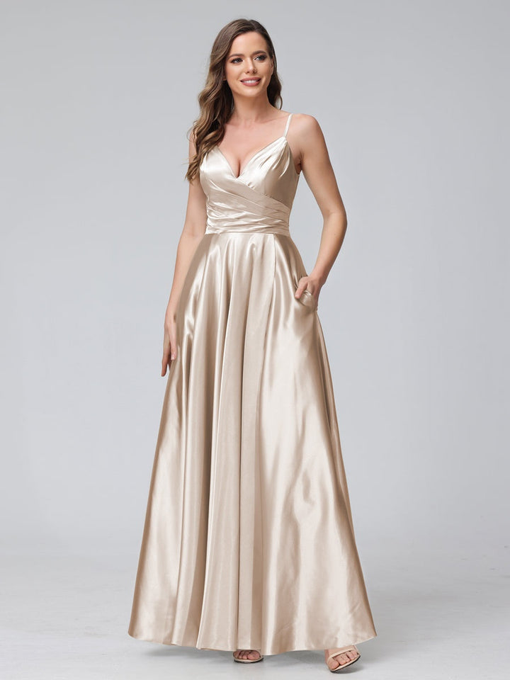 Ligne A/Princesse Col en V Sans Manches Longueur de La Cheville Satin de Soie Bridemaid Robes avec Poches & Côté Divisé