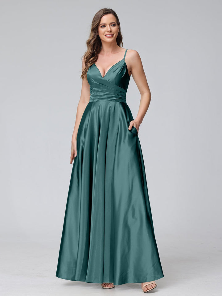 Ligne A/Princesse Col en V Sans Manches Longueur de La Cheville Satin de Soie Bridemaid Robes avec Poches & Côté Divisé