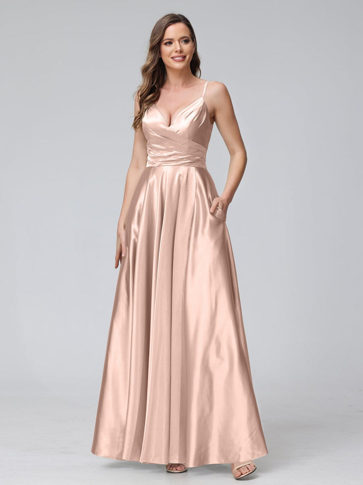 Ligne A/Princesse Col en V Sans Manches Longueur de La Cheville Satin de Soie Bridemaid Robes avec Poches & Côté Divisé