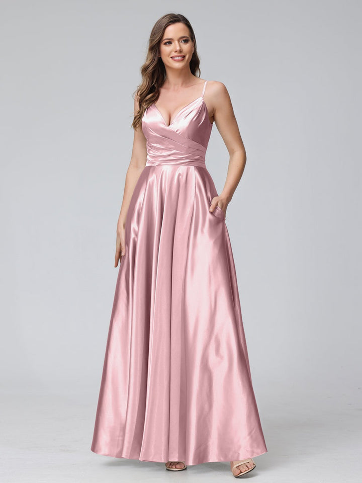 Ligne A/Princesse Col en V Sans Manches Longueur de La Cheville Satin de Soie Bridemaid Robes avec Poches & Côté Divisé