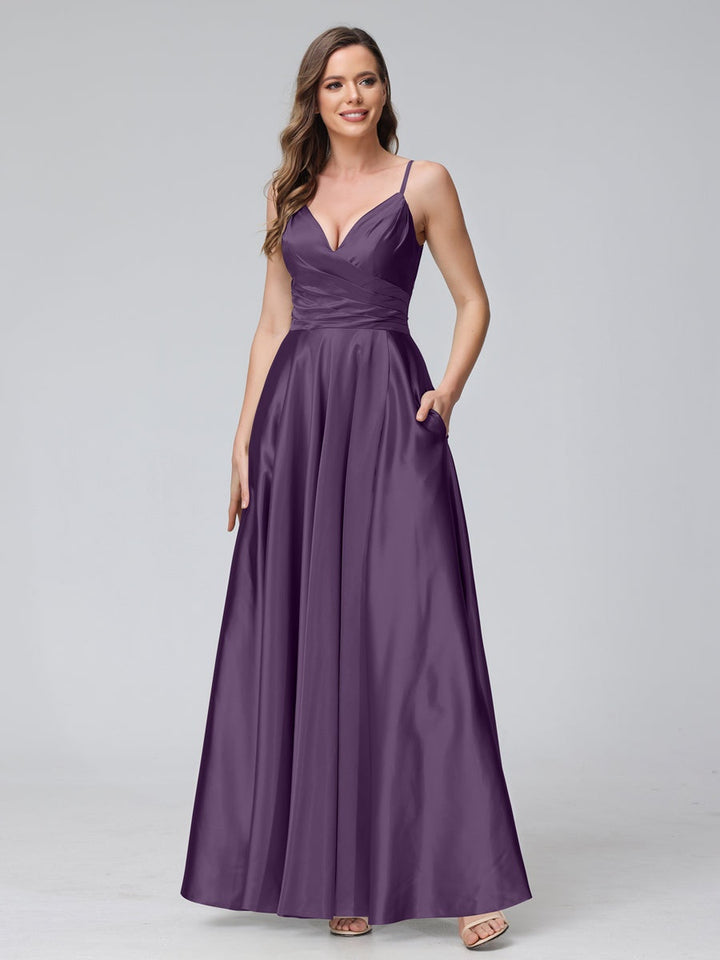 Ligne A/Princesse Col en V Sans Manches Longueur de La Cheville Satin de Soie Bridemaid Robes avec Poches & Côté Divisé