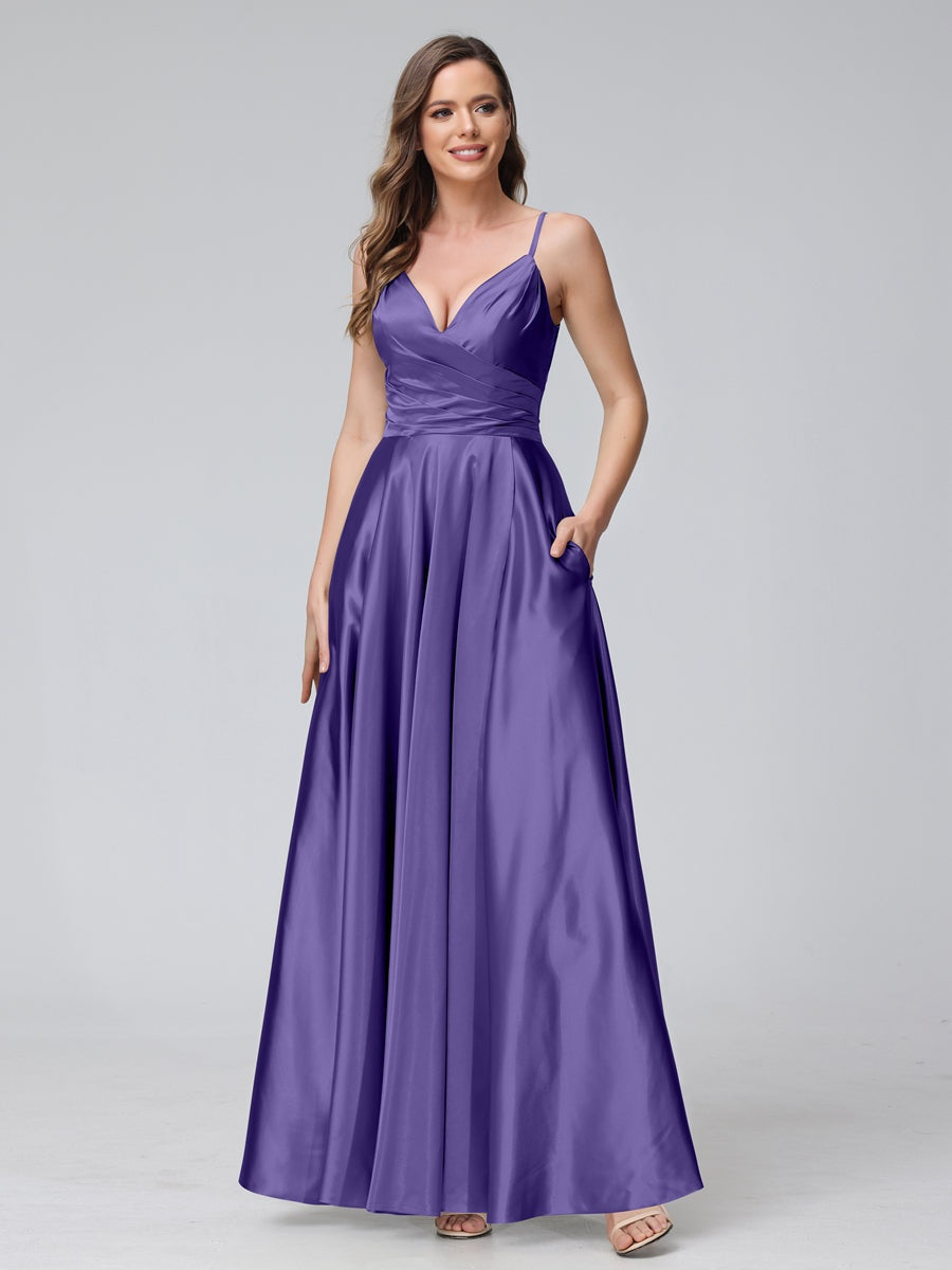 Ligne A/Princesse Col en V Sans Manches Longueur de La Cheville Satin de Soie Bridemaid Robes avec Poches & Côté Divisé
