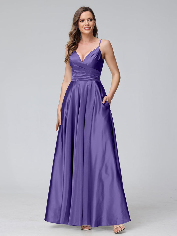 Ligne A/Princesse Col en V Sans Manches Longueur de La Cheville Satin de Soie Bridemaid Robes avec Poches & Côté Divisé