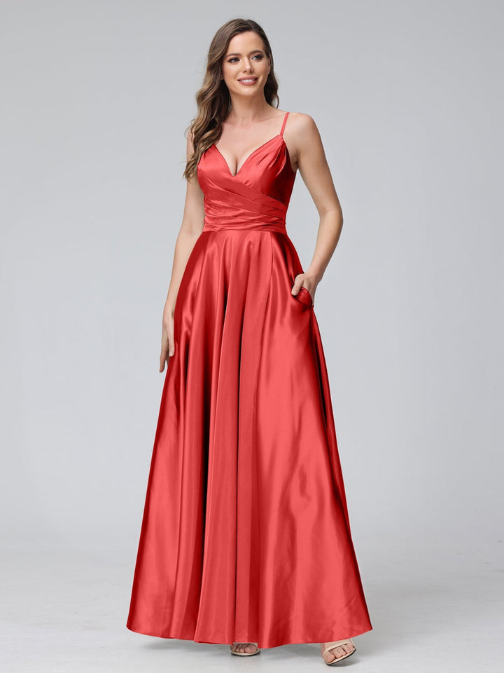 Ligne A/Princesse Col en V Sans Manches Longueur de La Cheville Satin de Soie Bridemaid Robes avec Poches & Côté Divisé