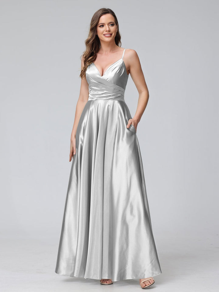 Ligne A/Princesse Col en V Sans Manches Longueur de La Cheville Satin de Soie Bridemaid Robes avec Poches & Côté Divisé