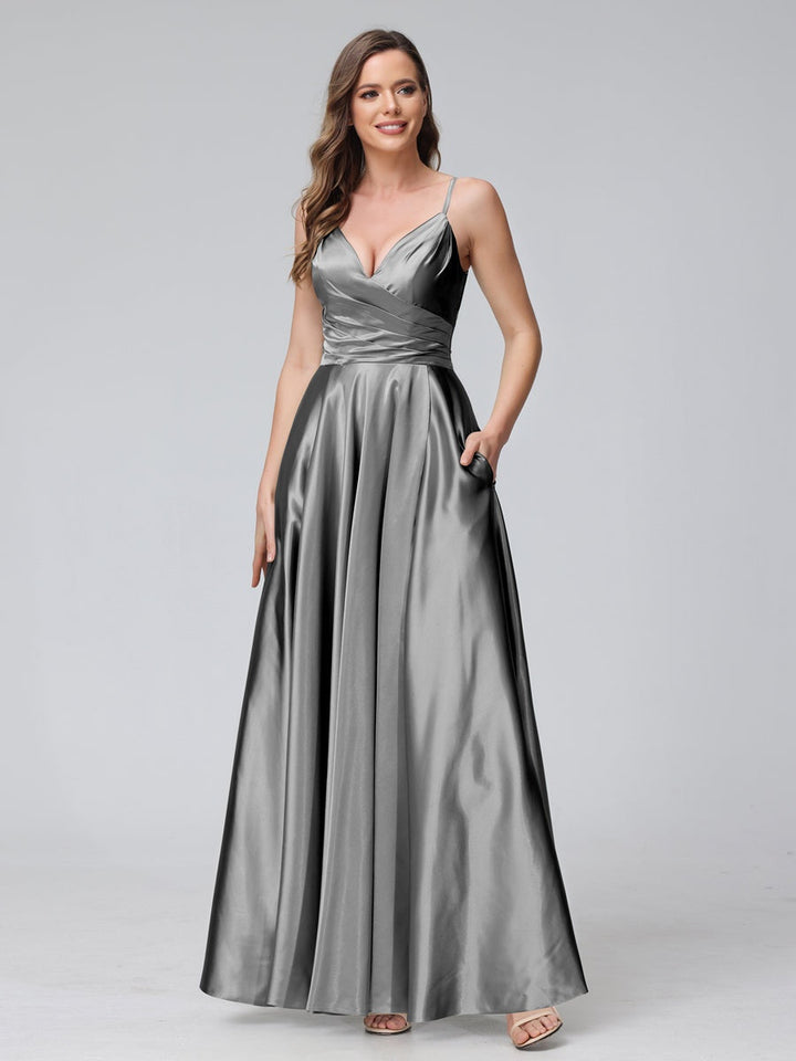 Ligne A/Princesse Col en V Sans Manches Longueur de La Cheville Satin de Soie Bridemaid Robes avec Poches & Côté Divisé
