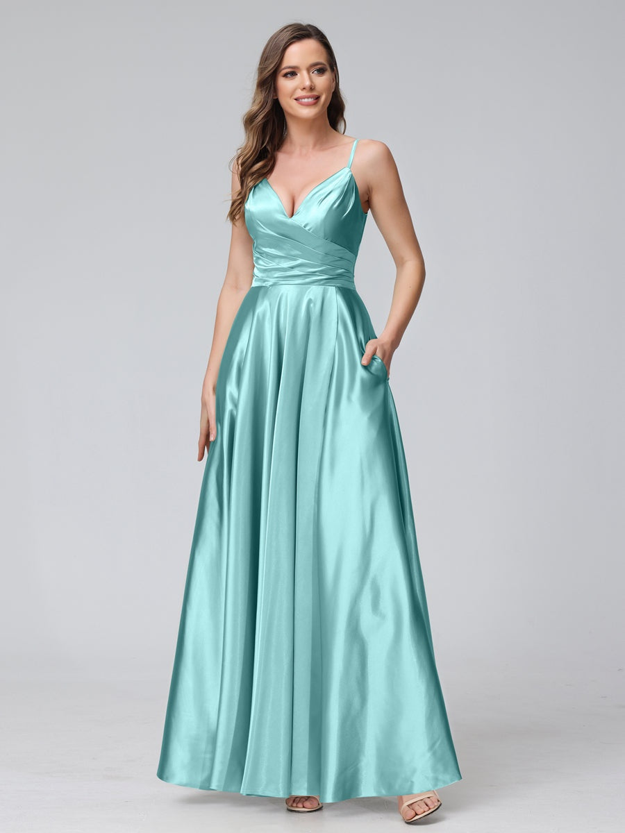 Ligne A/Princesse Col en V Sans Manches Longueur de La Cheville Satin de Soie Bridemaid Robes avec Poches & Côté Divisé