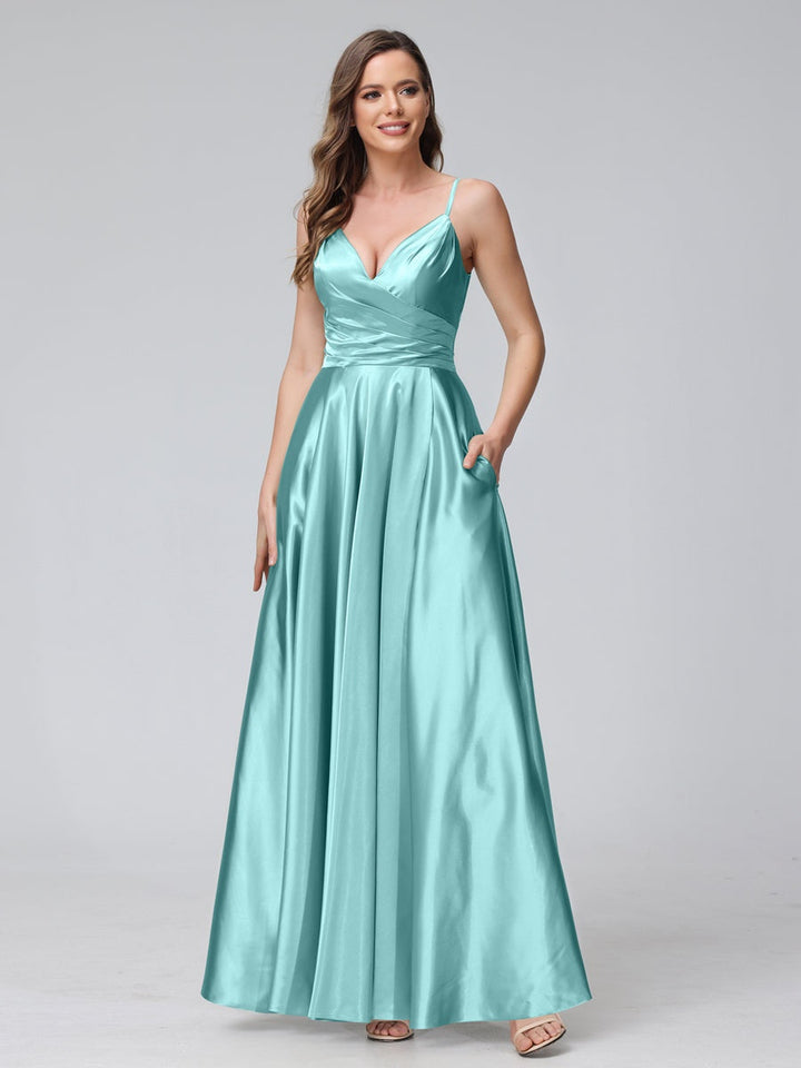 Ligne A/Princesse Col en V Sans Manches Longueur de La Cheville Satin de Soie Bridemaid Robes avec Poches & Côté Divisé