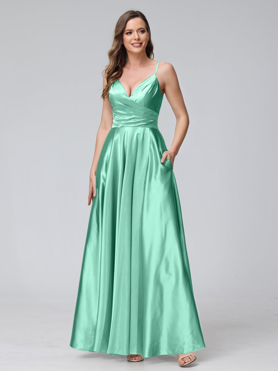 Ligne A/Princesse Col en V Sans Manches Longueur de La Cheville Satin de Soie Bridemaid Robes avec Poches & Côté Divisé