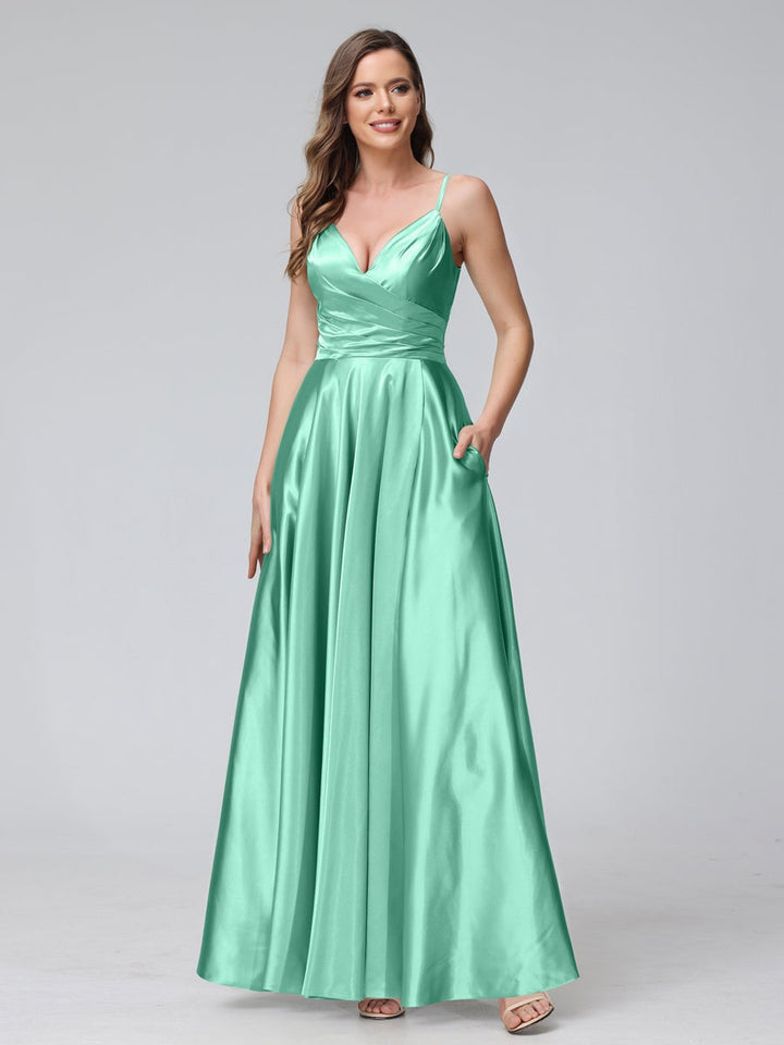 Ligne A/Princesse Col en V Sans Manches Longueur de La Cheville Satin de Soie Bridemaid Robes avec Poches & Côté Divisé