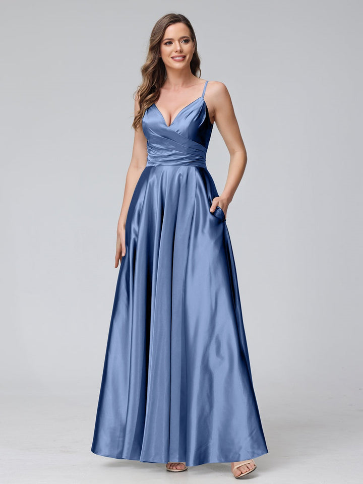Ligne A/Princesse Col en V Sans Manches Longueur de La Cheville Satin de Soie Bridemaid Robes avec Poches & Côté Divisé