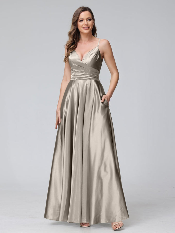 Ligne A/Princesse Col en V Sans Manches Longueur de La Cheville Satin de Soie Bridemaid Robes avec Poches & Côté Divisé