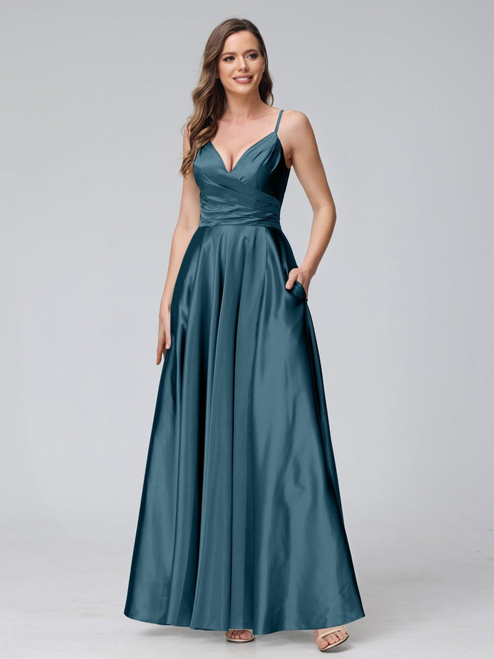 Ligne A/Princesse Col en V Sans Manches Longueur de La Cheville Satin de Soie Bridemaid Robes avec Poches & Côté Divisé