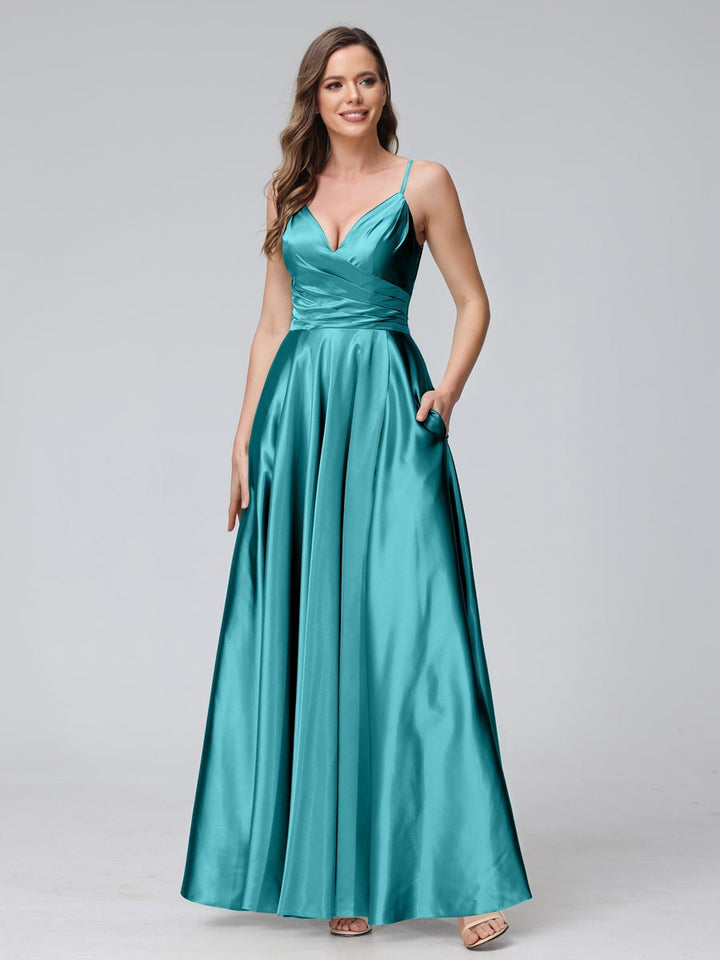 Ligne A/Princesse Col en V Sans Manches Longueur de La Cheville Satin de Soie Bridemaid Robes avec Poches & Côté Divisé