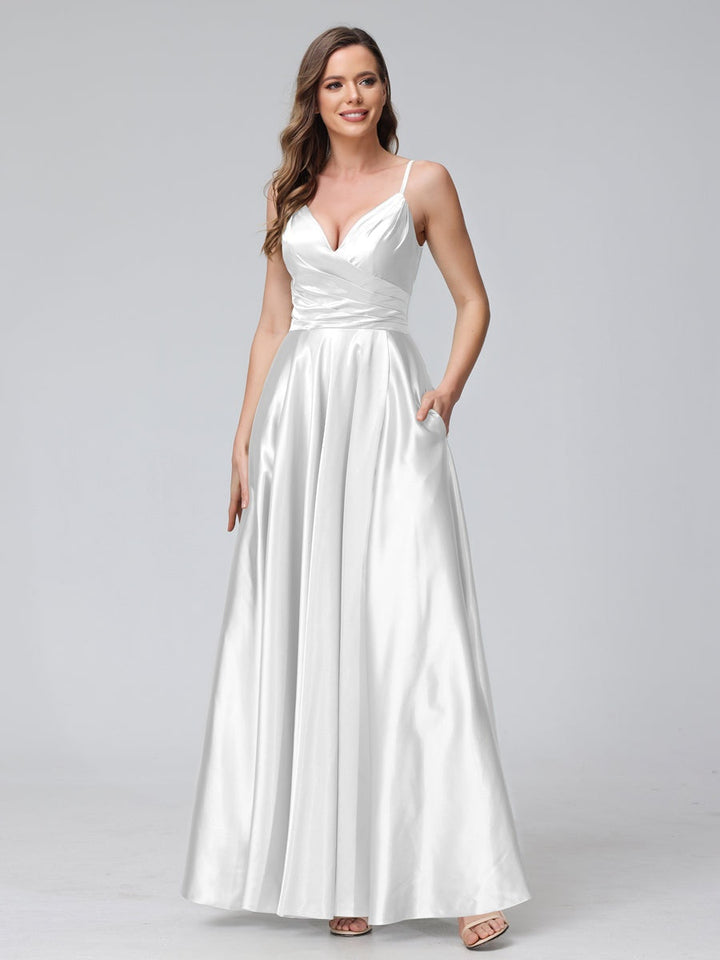 Ligne A/Princesse Col en V Sans Manches Longueur de La Cheville Satin de Soie Bridemaid Robes avec Poches & Côté Divisé