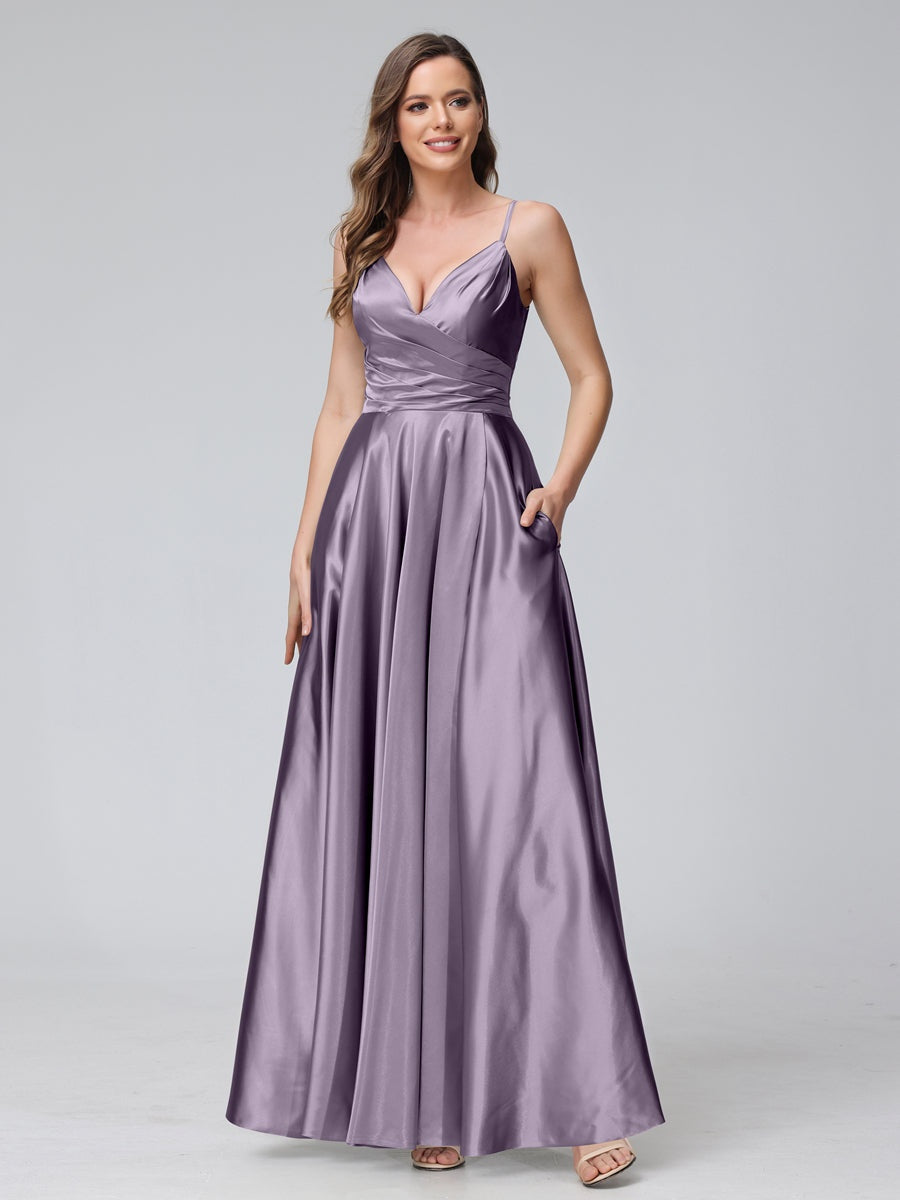 Ligne A/Princesse Col en V Sans Manches Longueur de La Cheville Satin de Soie Bridemaid Robes avec Poches & Côté Divisé