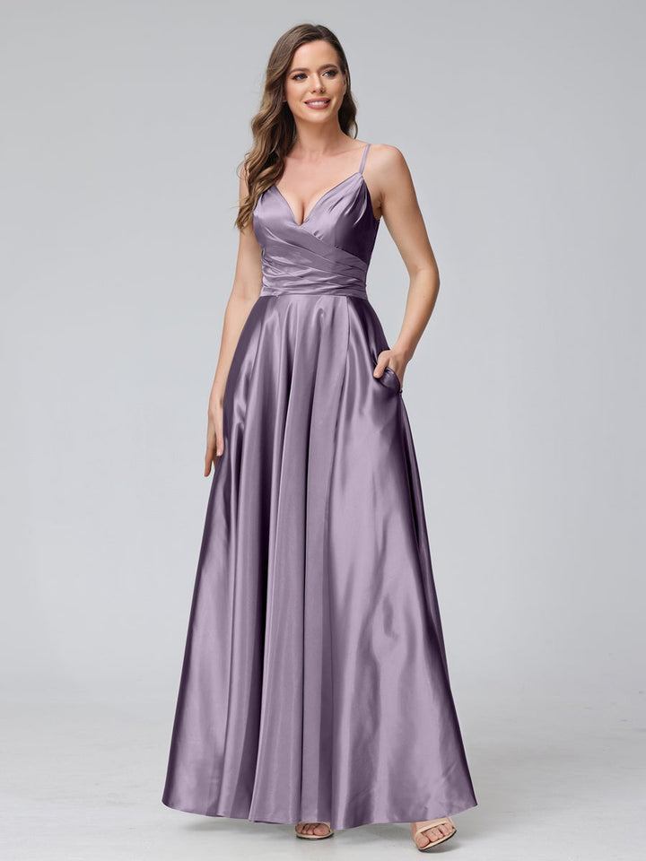 Ligne A/Princesse Col en V Sans Manches Longueur de La Cheville Satin de Soie Bridemaid Robes avec Poches & Côté Divisé