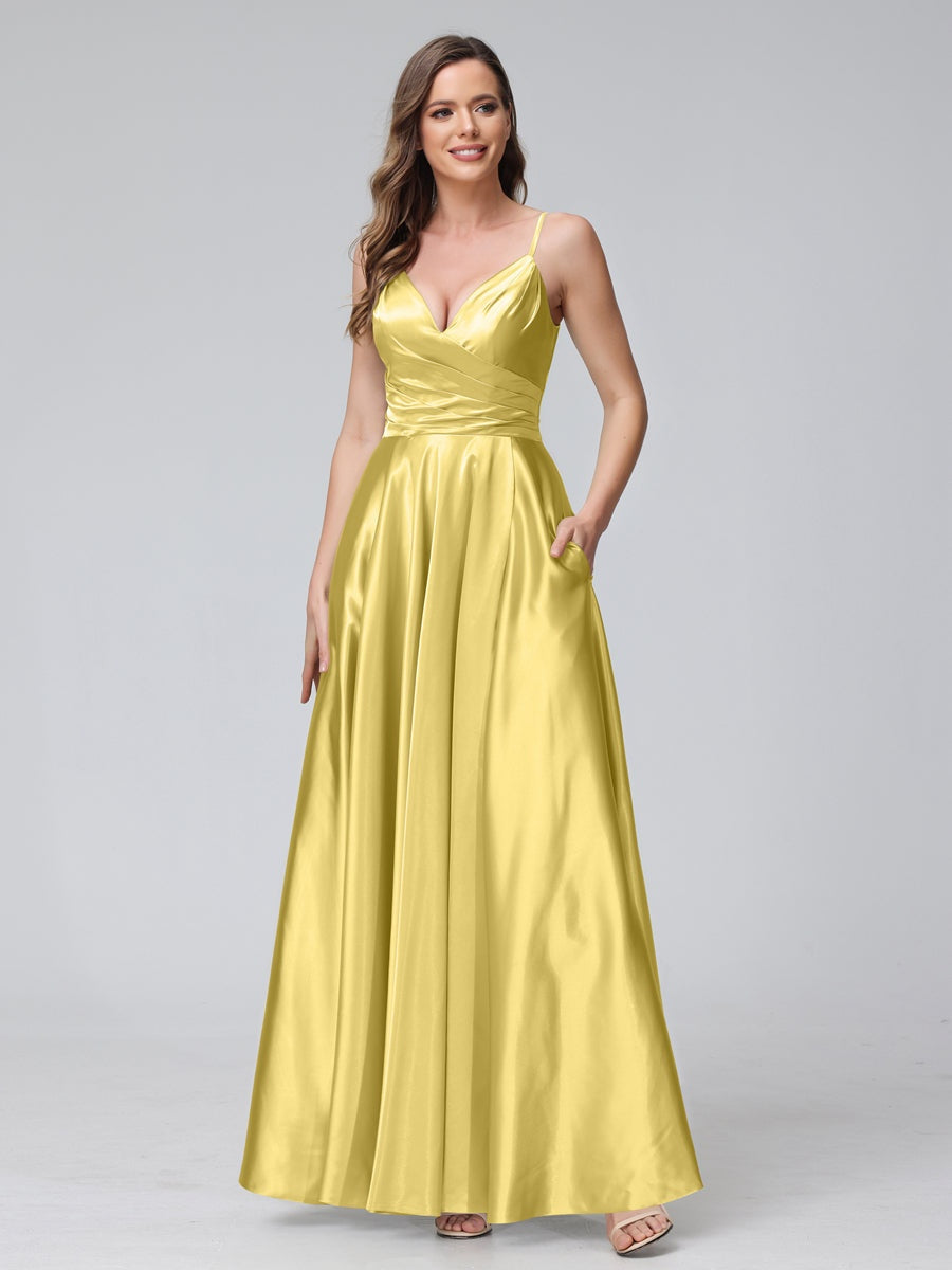 Ligne A/Princesse Col en V Sans Manches Longueur de La Cheville Satin de Soie Bridemaid Robes avec Poches & Côté Divisé