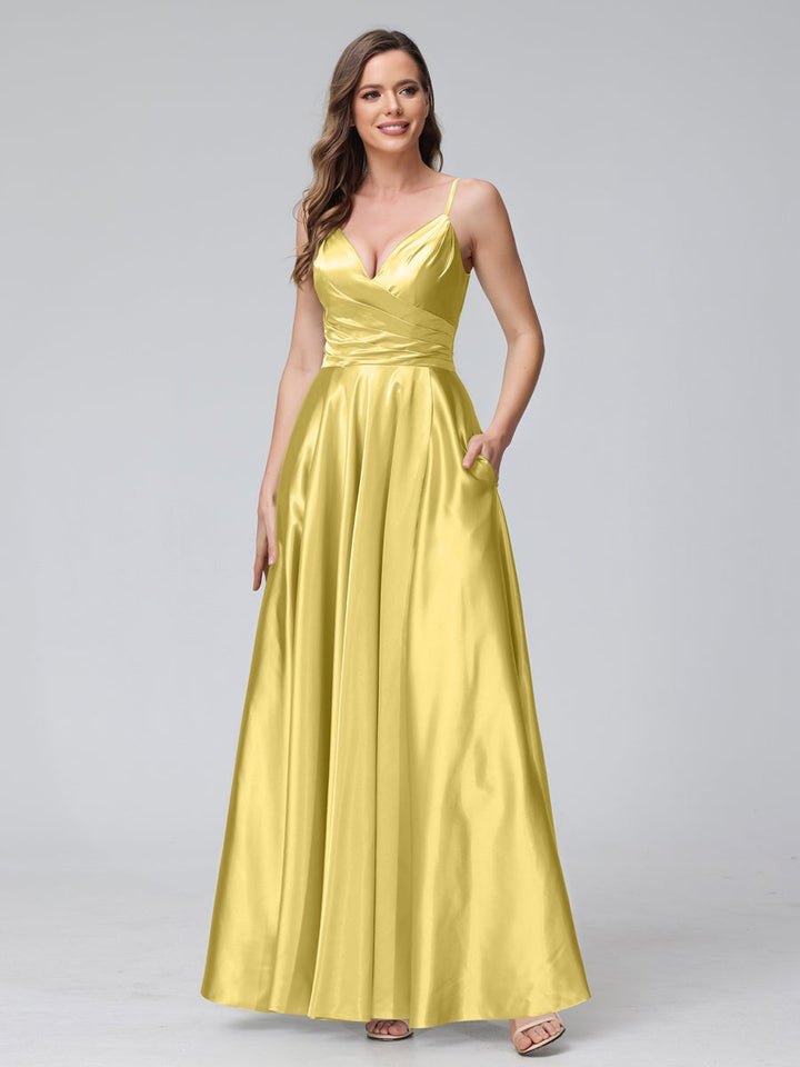 Ligne A/Princesse Col en V Sans Manches Longueur de La Cheville Satin de Soie Bridemaid Robes avec Poches & Côté Divisé